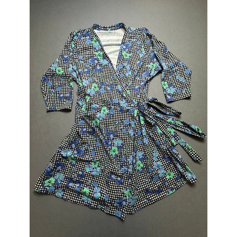 Lands End Womens 2X Wrap Romper Blue Green Floral Gingham Check 3/4 Sleeve - 32
